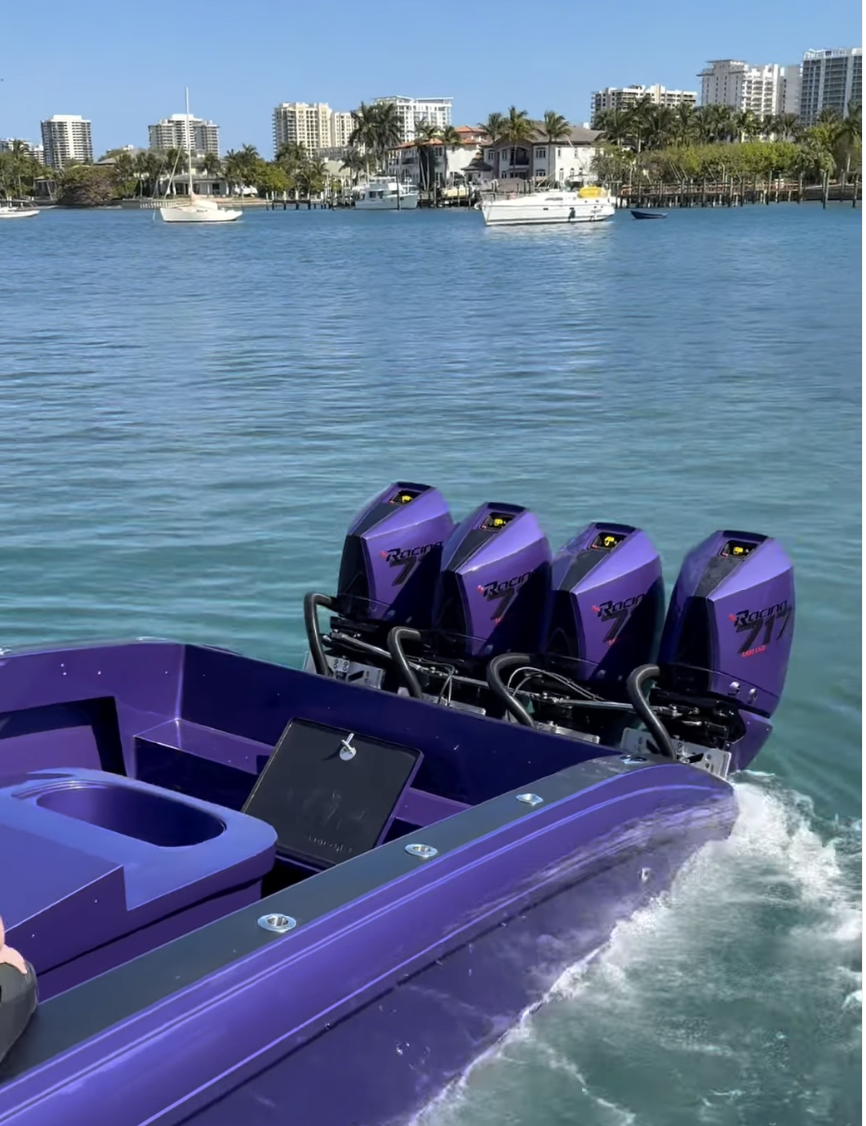Custom blue performance boat restored by Rey's Marine